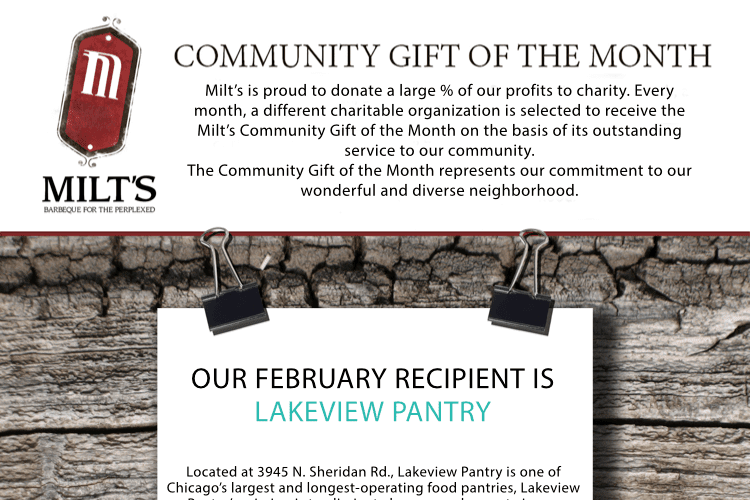 Milt’s BBQ Community Gift of the Month Goes to Lakeview Pantry!
